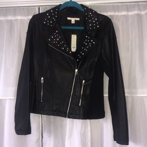 black leather jacket with pearl detailing